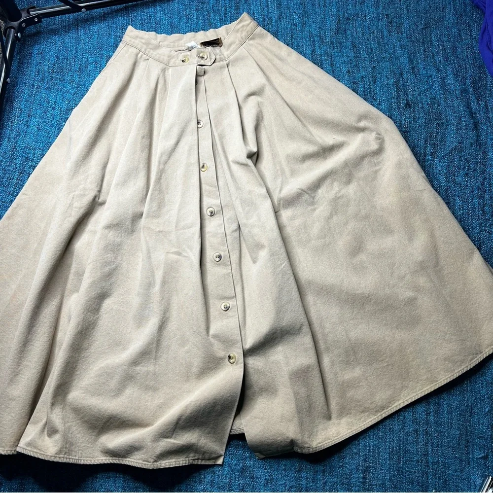 Vintage Cetro Republic Button Front Pleated Midi Skirt in Tan Khaki Western